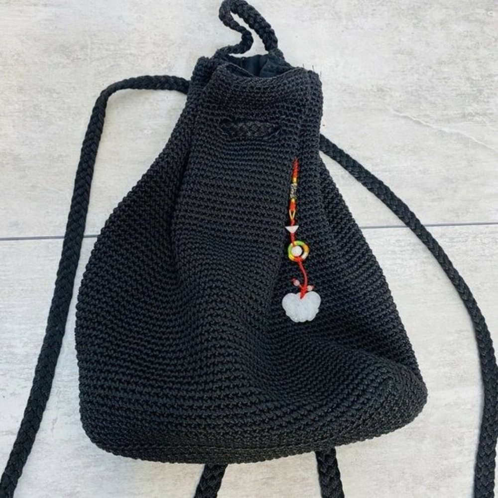 Vintage Black Drawstring Backpack Lack Woven Braid - image 8